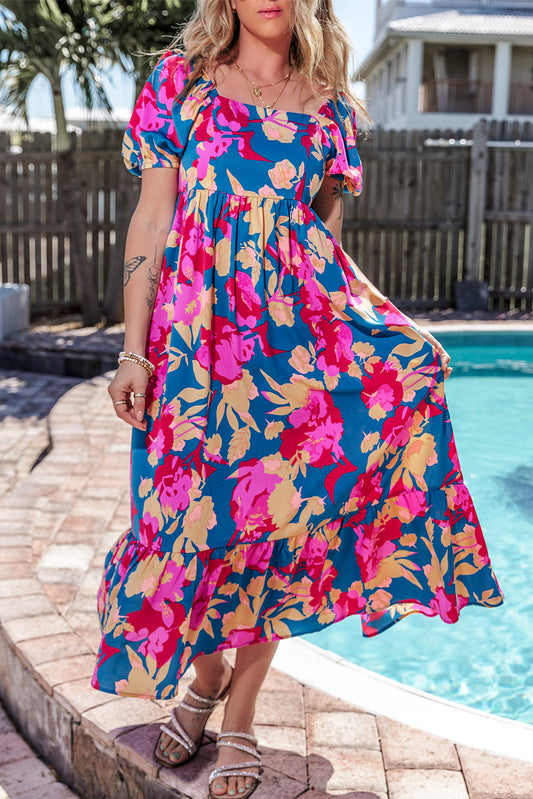 Dark Blue Square Neck Bubble Sleeve Ruffled Floral Dress