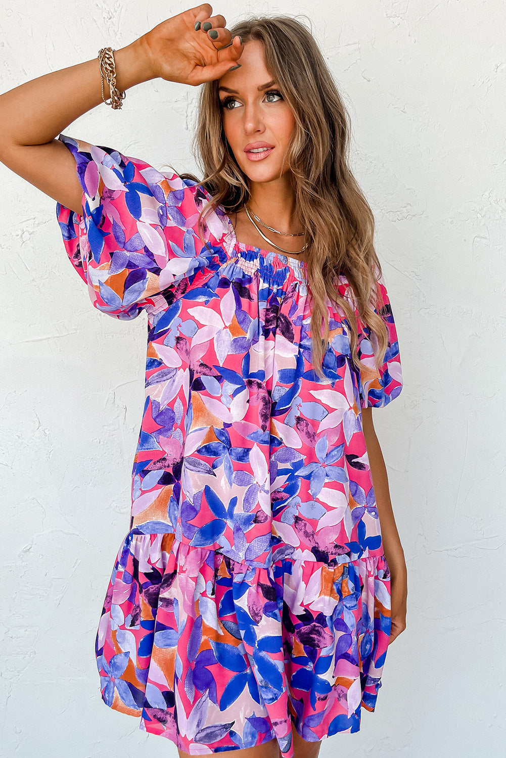 Purple Flower Print Short Puff Sleeve Ruffled Dress