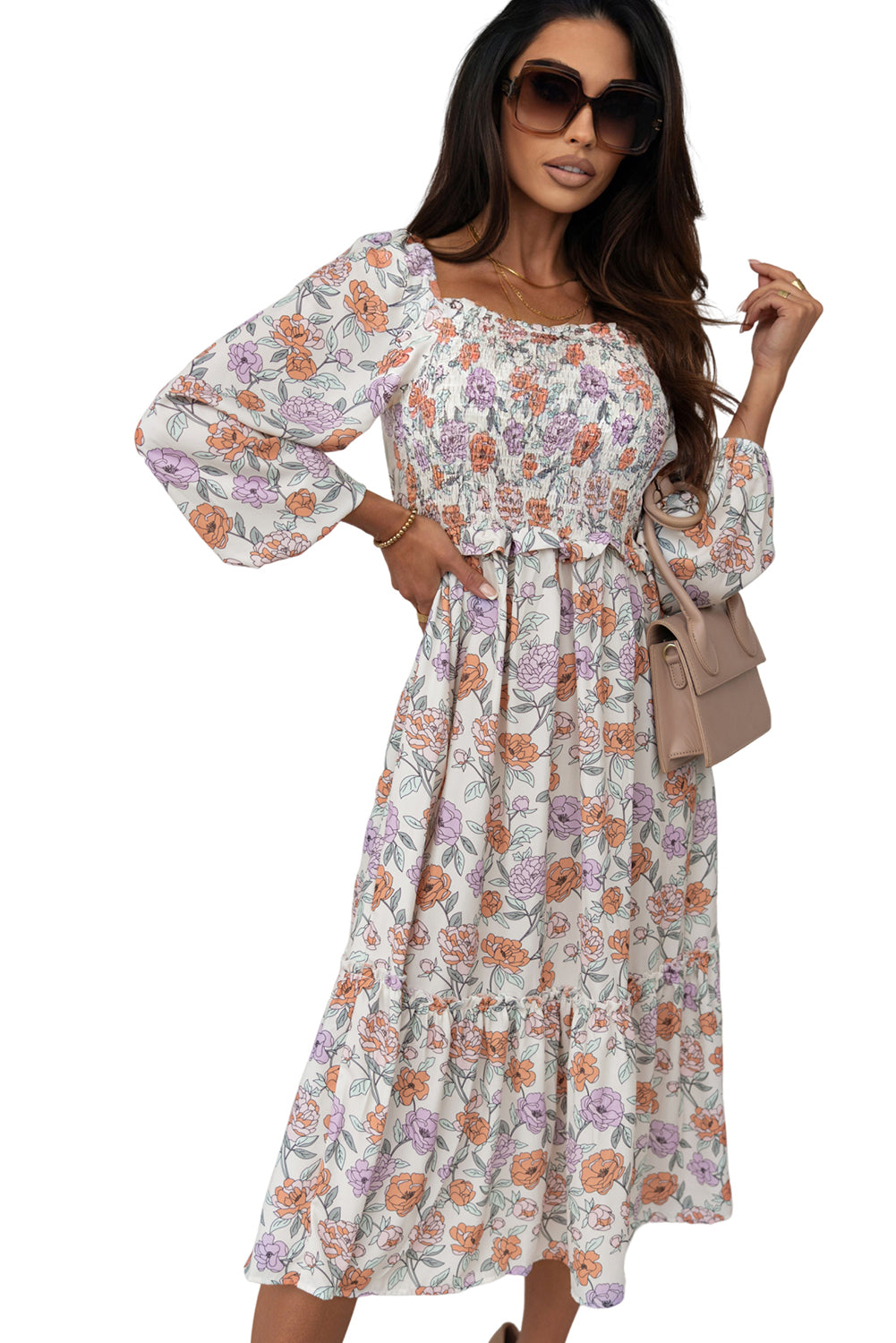 Multicolor Floral Smocked Long Sleeve Pocketed Dress