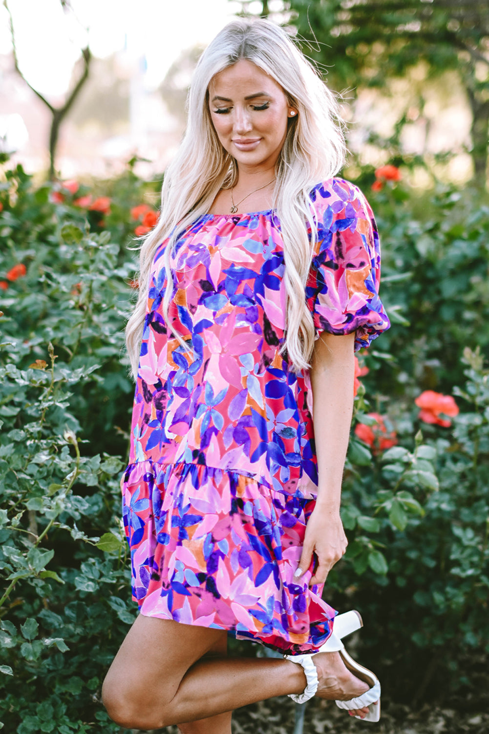 Purple Flower Print Short Puff Sleeve Ruffled Dress