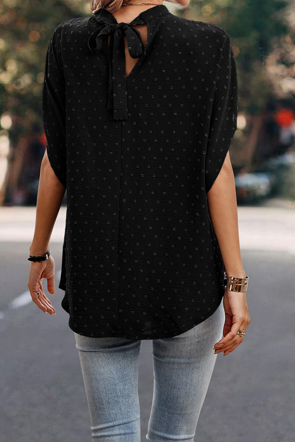 Black Swiss Dot Mock Neck Batwing Sleeve Blouse