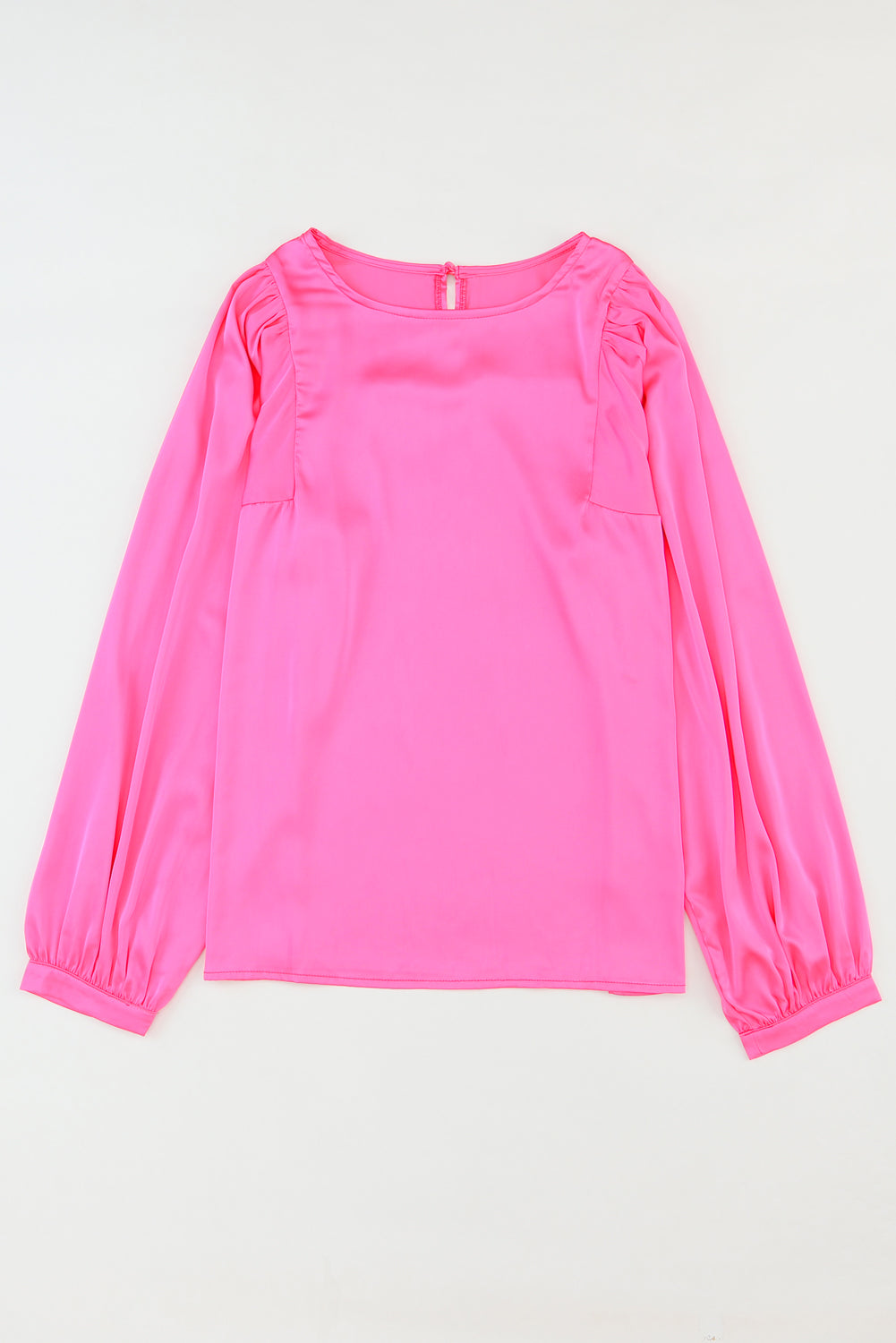 Pink Satin Puff Long Sleeve Crewneck Blouse