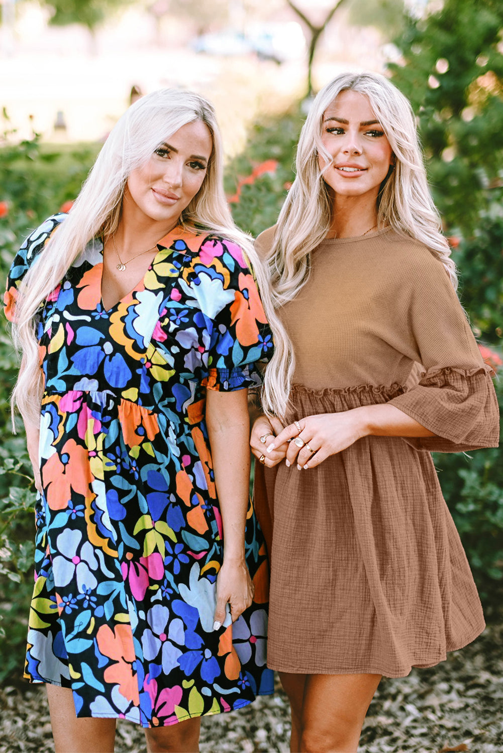 Blue Collared Split Neck Floral Flared Dress