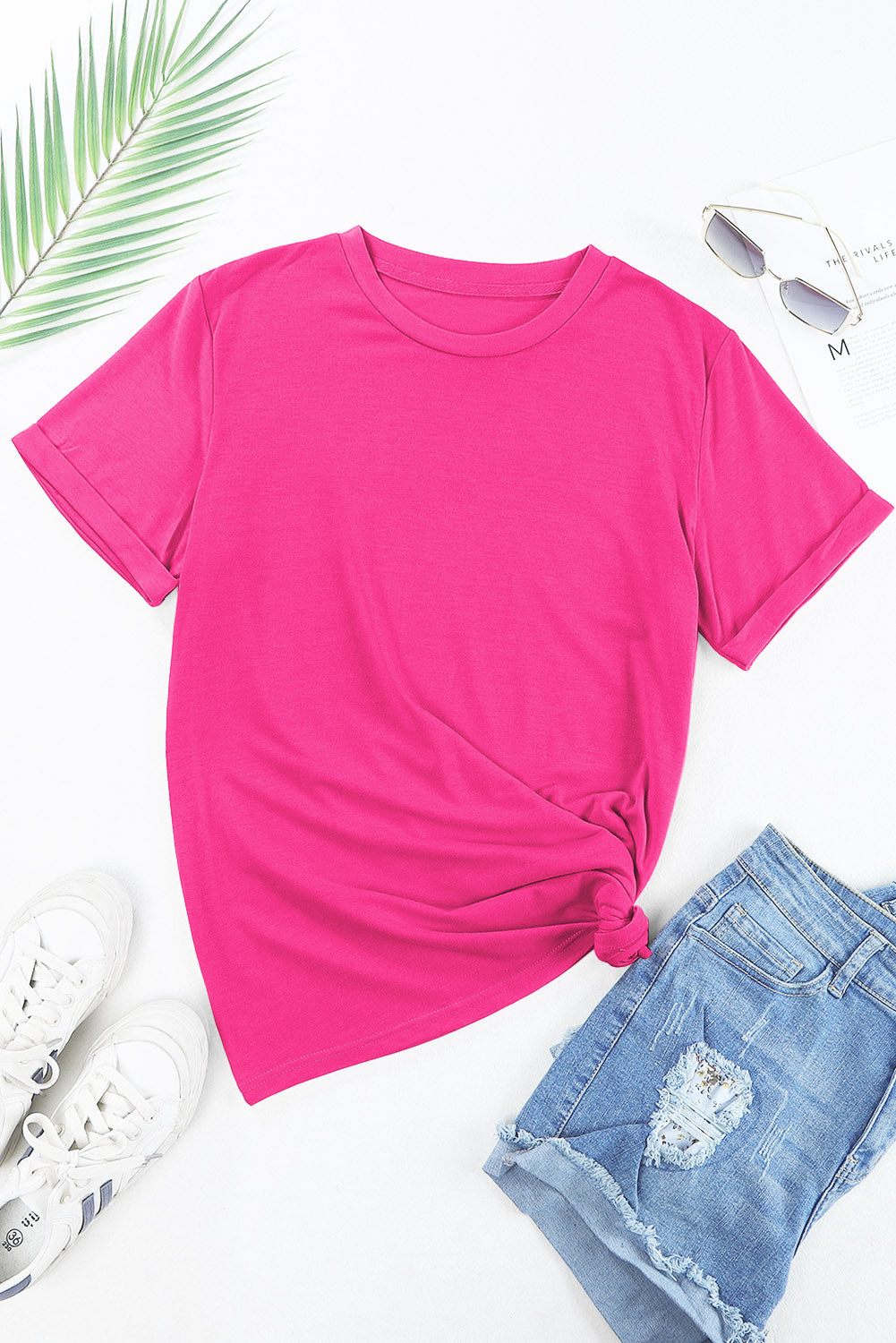 Rose Red Casual Plain Crew Neck Tee