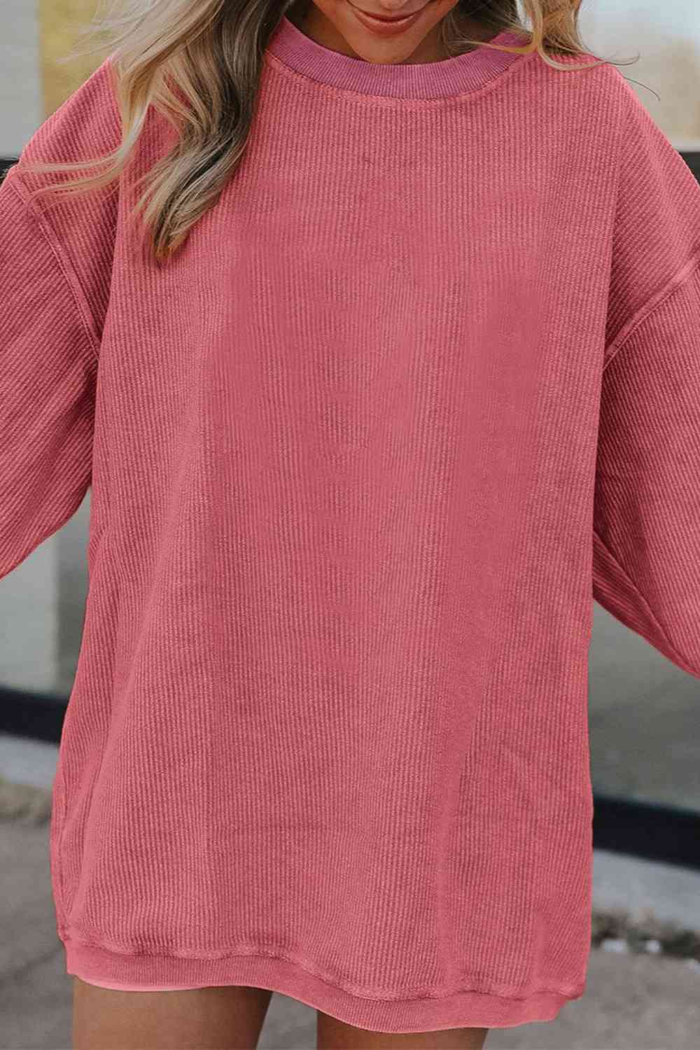 Ribbed Round Neck Drop Shoulder Sweatshirt